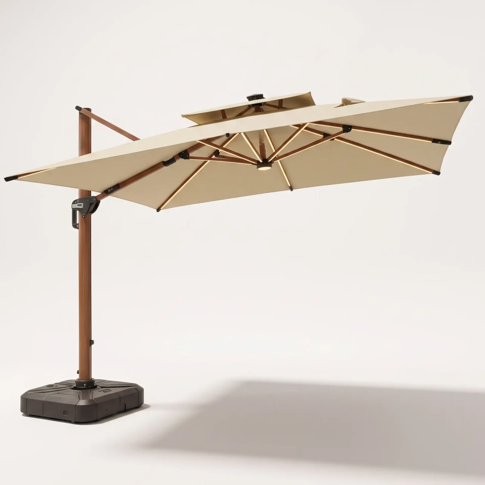 Ombrelone Sombrella Gold LED 3x3 em vista angulada com LEDs acesos