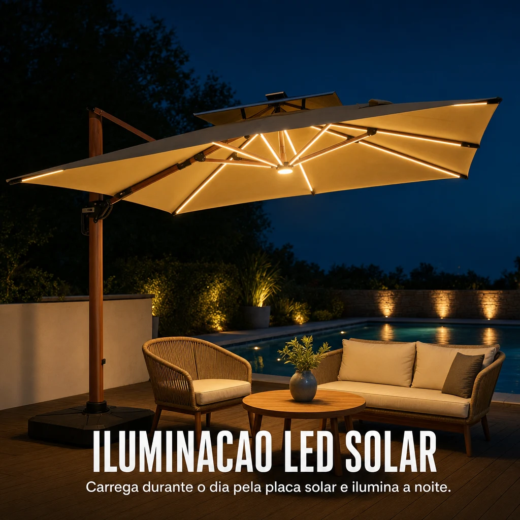 Iluminação LED solar do ombrelone Sombrella acesa à noite