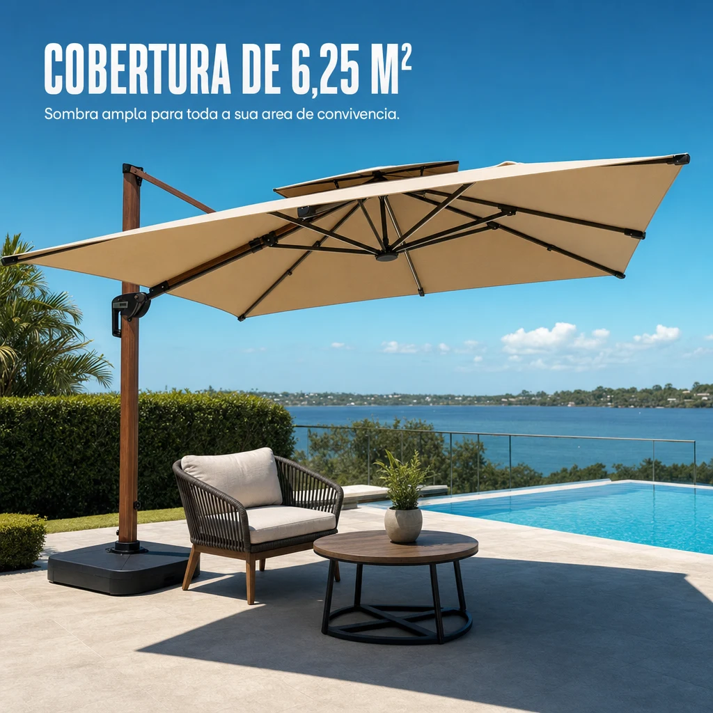 Ombrelone Sombrella Gold LED 3x3 com cobertura de 6,25 m² à beira da piscina