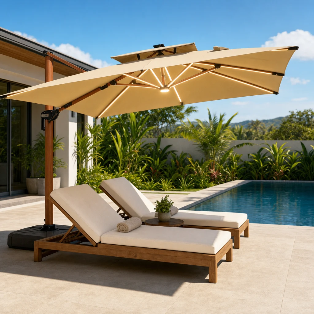 Ombrelone Sombrella à beira da piscina cobrindo espreguiçadeiras