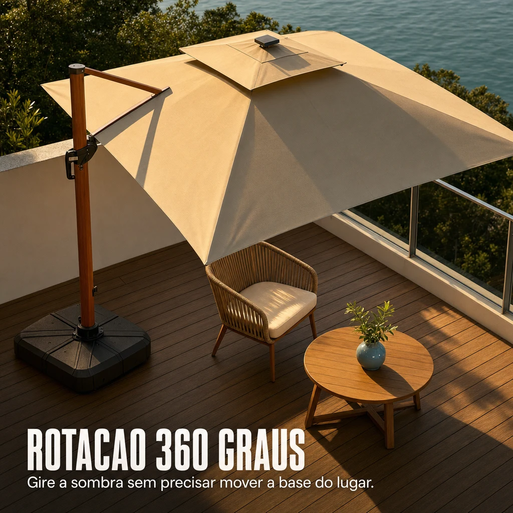 Rotação 360 graus do ombrelone Sombrella em deck com vista para o mar
