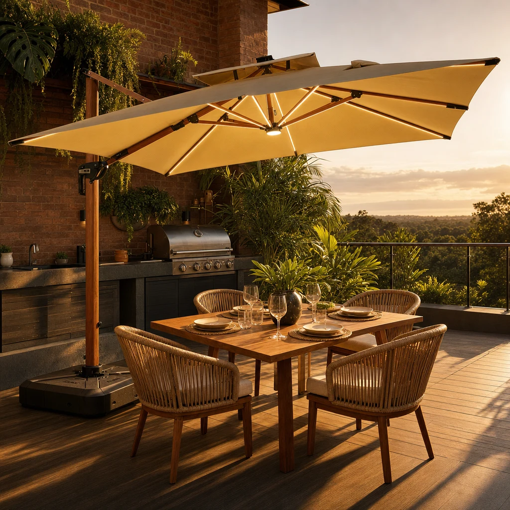 Ombrelone Sombrella com LED aceso sobre mesa em área gourmet ao entardecer